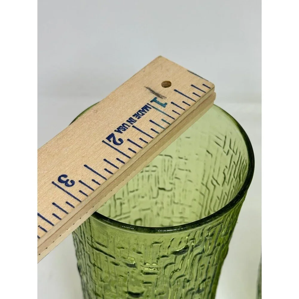 VTG Anchor Hocking Avocado Green Textured Glass Tumblers Set 2 Mid-Century 3